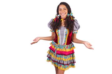 Black Brazilian woman wearing June party clothes, fraternization in the name of São João. camp. open arms.