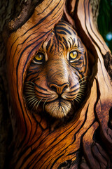 Naklejka premium Captivating divine tiger face artfully carved into a magical tree trunk, evoking emotions as if the tree bears life and vivid expression. License this unique gem! Generative AI