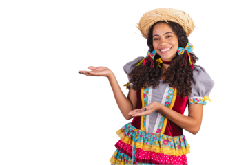 Black, Brazilian woman, wearing June party clothes, fraternization in the name of São João, Arraial. presenting product or advertisement on the side.