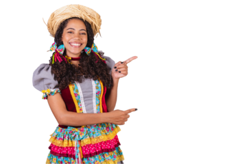 Black, Brazilian woman, wearing June party clothes, fraternization in the name of São João, Arraial. presenting product or advertisement on the side.