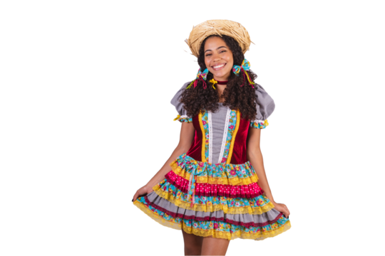 Black, Brazilian woman, wearing June party clothes, fraternization in the name of São João, Arraial. posing for photo.