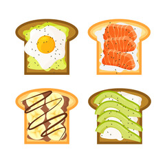 Salt and sweet toast set. Tasty healthy breakfast. Delicious open sandwich with fish slices, egg, avocado and cream cheese. Banana bread. Vector.