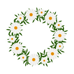 Round floral frame with chamomile flowers and leaves. Circle frame decorated with daisy flower isolated on white. Colorful design element with place for text. Flat vector illustration