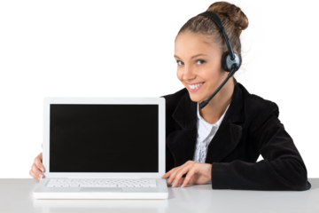 Beautiful young businesswoman with headset showing a laptop