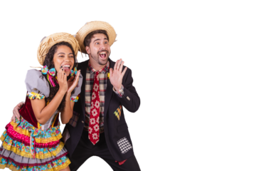 Brazilian couple, wearing June party clothes, fraternization in the name of São João, Arraial. shouting and announcing.