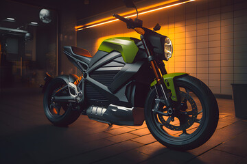 Green modern high-speed motorcycle on charge in a garage in neon light. Generative AI