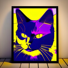 Cat Art Print - Yellow and Purple Abstract Wall Decor - generative ai