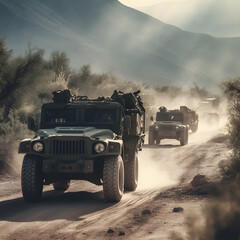 Fototapeta premium A military vehicle convoy on a rugged terrain, Generative AI, Generativ, KI