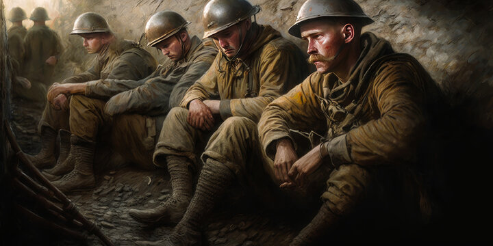 Trench warfare image: soldiers in mud, skillful blur and shadows showing war's struggle and emotions. License this powerful photo now! Generative AI