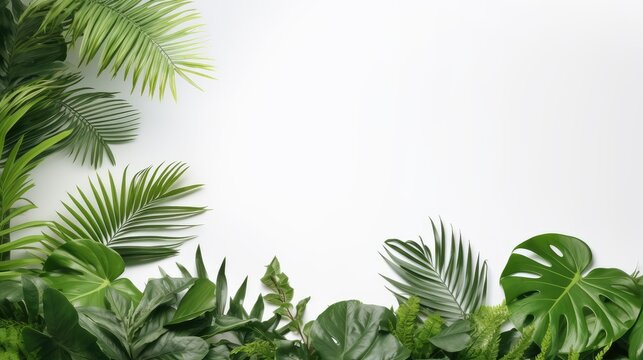 Background of tropical green leaves. Banner layout for a text field. the concept of recreation and travel. Background with tropical green leaves of monstera.. generative ai © AndErsoN