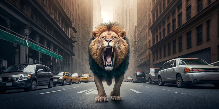 Captivating image of a wild male lion, roaring on a bustling New York street amidst striking buildings, evoking fear and wonder. Embrace the urban jungle! Generative AI