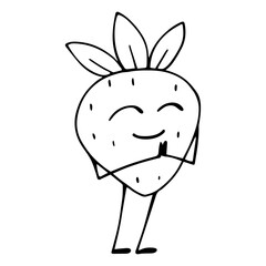 Linear sketch of a funny summer strawberry berry character.Vector graphics.
