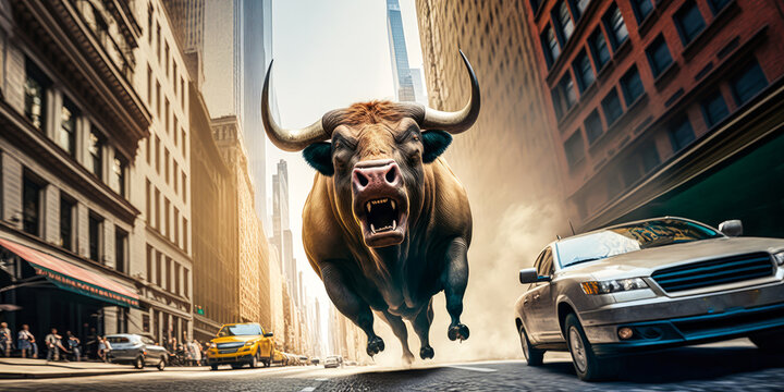Captivating image of a fierce wild bull unleashed on New York streets, evoking strong emotions and adrenaline. Perfect for impactful visual campaigns. License now! Generative AI
