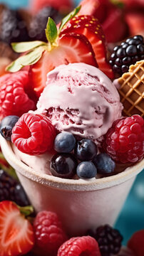 Close-up of delicious ice cream and berries in a cup, made with generative AI