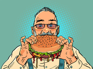 Delicious quality fast food. Delivery of hot and appetizing food. An adult man with a beard and glasses takes a bite of a juicy burger. Pop Art Retro