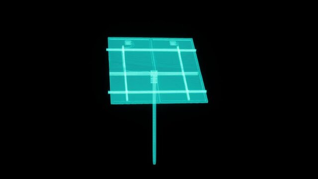 Animation of holographic solar panel in black background. Devide spinning and zoom out for loop video