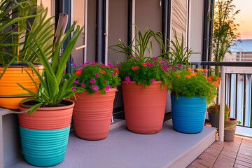 Fototapeta na wymiar Colorful pots and sunset light on the balcony of the house - generative ai