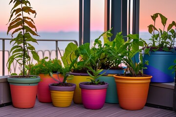 Colorful pots and sunset light on the balcony of the house - generative ai