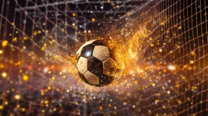 Fototapeta premium Soccer ball hitting the net with glitter effect and high speed. Generative AI.