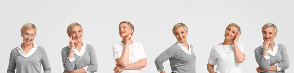 Set of fashionable mature woman on light background