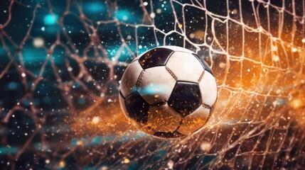 Fototapeta premium Soccer ball hitting the net with glitter effect and high speed. Generative AI.