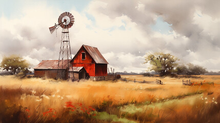 painting of a farm barn and windmill in the field - obrazy, fototapety, plakaty