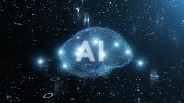 AI human brain with loop binary code numbers background. Concept digital science data loop animation.  