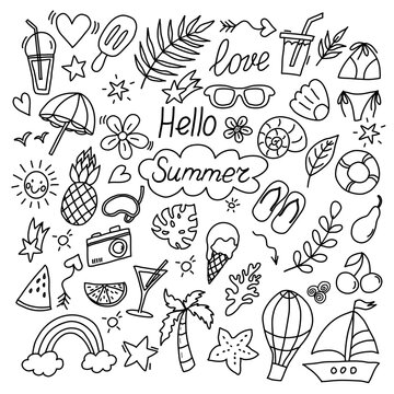 Summer doodles icon set. Hand drawn lines icons collection. Set of summer beach items.