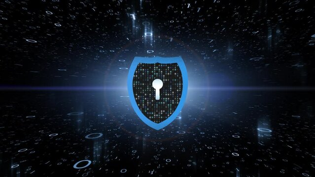 Cyber space security 3d shield with binary numbers loop animation.