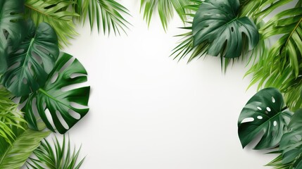Fototapeta na wymiar Tropical green leaf. Layout of the banner for text field. Isolated on a white background. concept of relaxation and travel. generative ai