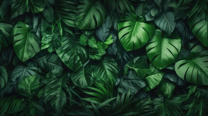 Background of tropical green leaves. Banner layout for a text field. the concept of recreation and travel. Background with tropical green leaves of monstera.. generative ai - obrazy, fototapety, plakaty