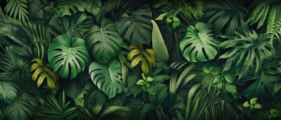 Naklejka na ściany i meble Background of tropical green leaves. Banner layout for a text field. the concept of recreation and travel. Background with tropical green leaves of monstera.. generative ai