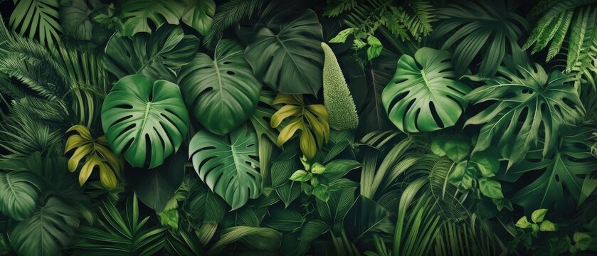 Background of tropical green leaves. Banner layout for a text field. the concept of recreation and travel. Background with tropical green leaves of monstera.. generative ai © mordecio