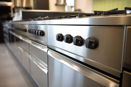 A stainless steel stove top in a kitchen. Generative AI.