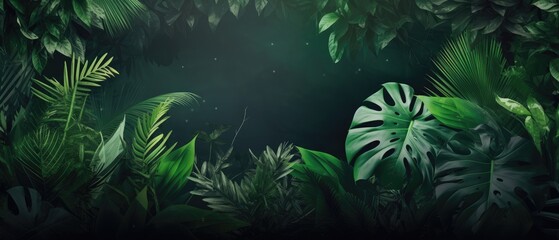 Background of tropical green leaves. Banner layout for a text field. the concept of recreation and travel. Background with tropical green leaves of monstera.. generative ai