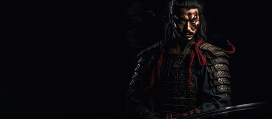 Fototapeta na wymiar Male asian warrior portrait. Samurai in traditional armor with katana. Created with Generative AI