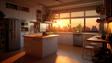 Modern kitchen interior with wooden furniture. Luxury design renovation in living room. Created with Generative AI