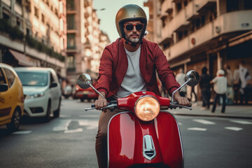 Male biker driving retro scooter at city street. Created with Generative AI