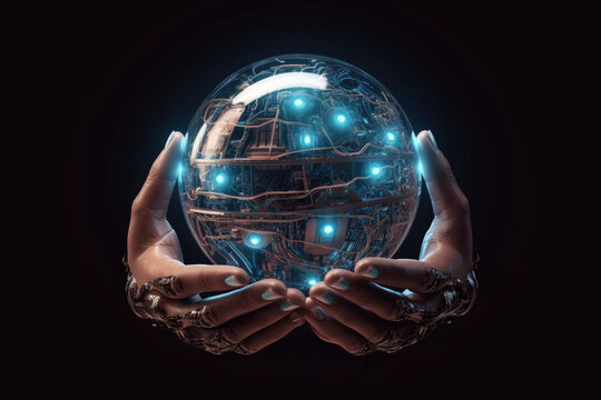 Robot hand holds planet on abstract background. Global world in hand of artificial intelligence. Technology development and machine learning. Created with Generative AI