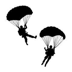 Vector illustration. Airplane jump. Silhouette of two skydivers. Flight in the air.