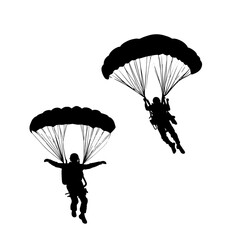Vector illustration. Airplane jump. Silhouette of two skydivers. Flight in the air.
