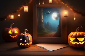 Frame with full moon and bat, surrounded by pumpkins, lantern and sheets of paper. Generative AI.