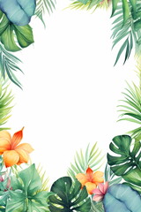 Fototapeta na wymiar Aquarell tropische Blätter und Blumen auf weißem Hintergrund mit Platz für Text - mit KI erstellt 