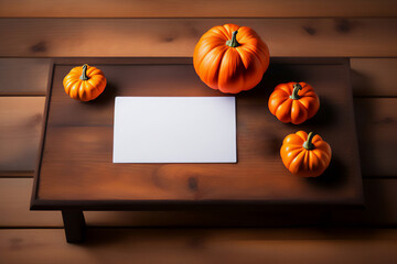 Blank sheet of paper on the table surrounded by pumpkins. Generative AI.