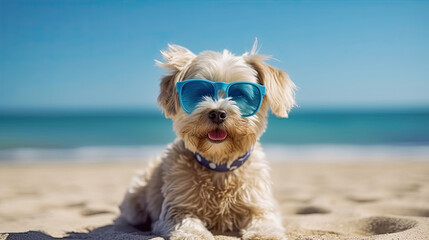 cute white dog wearing sunglasses at the beach, generative ai illustration