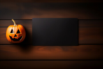 Empty brown plate on the table next to a halloween pumpkin. Generative AI.