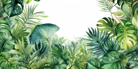Aquarell tropische Blätter und Blumen auf weißem Hintergrund mit Platz für Text - mit KI erstellt 