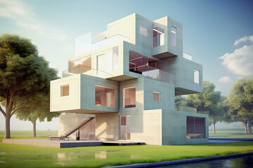 modern family home in cube structure, generative ai illustration