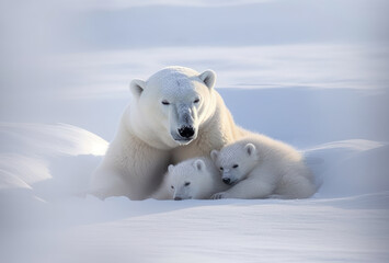 Fototapeta na wymiar Polar bear Mam and cubs 1