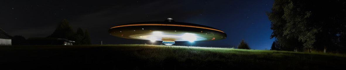 Obraz na płótnie Canvas Stunning panoramic image of a UFO taking off at night, evoking mystery and wonder with its captivating light display. Ideal for capturing the imagination and igniting curiosity. Generative AI